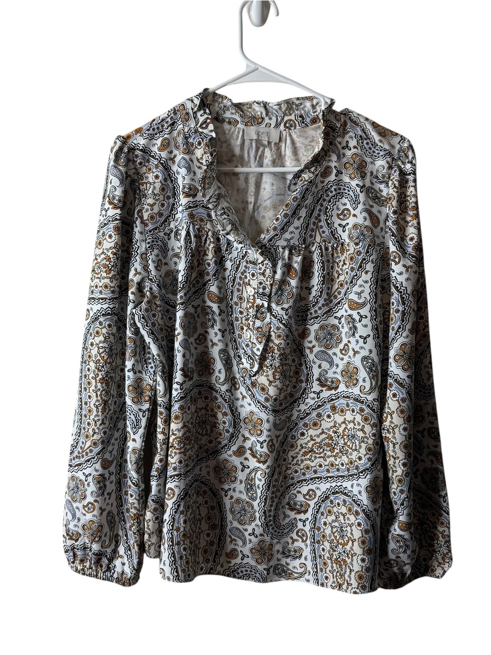 Loft White Floral Paisley Mixed Media Ruffle Long Sleeve Blouse